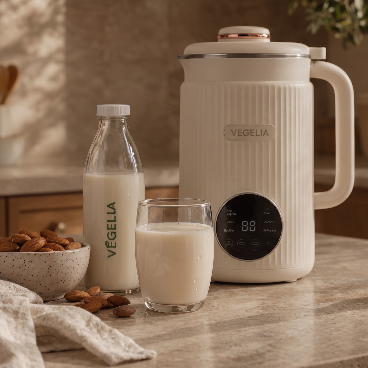 Lait d'amande maison en bouteille et en verre avec des amandes, à côté de la machine Végélia