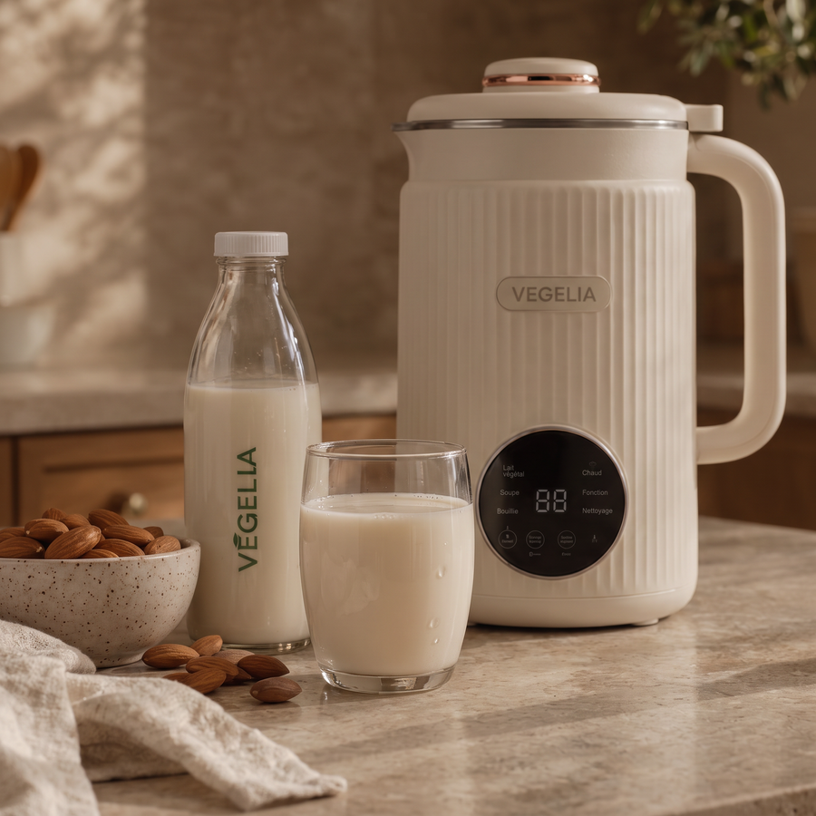 Lait d'amande maison en bouteille et en verre avec des amandes, à côté de la machine Végélia