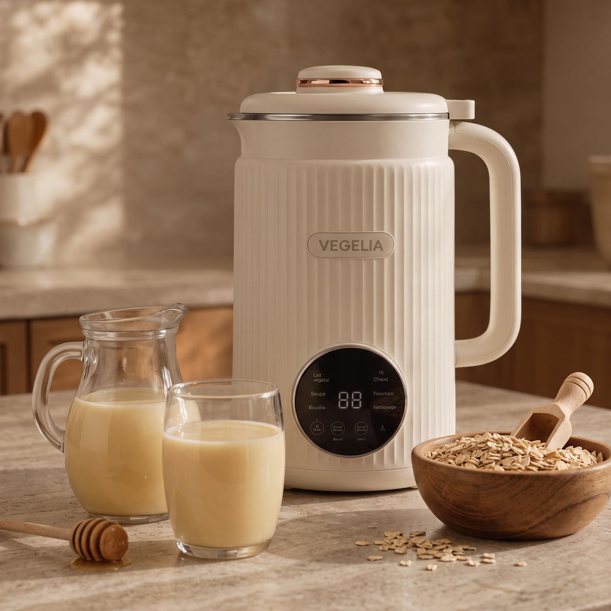 Lait d'avoine maison en carafe et en verre avec des flocons d'avoine, à côté de la machine Végélia