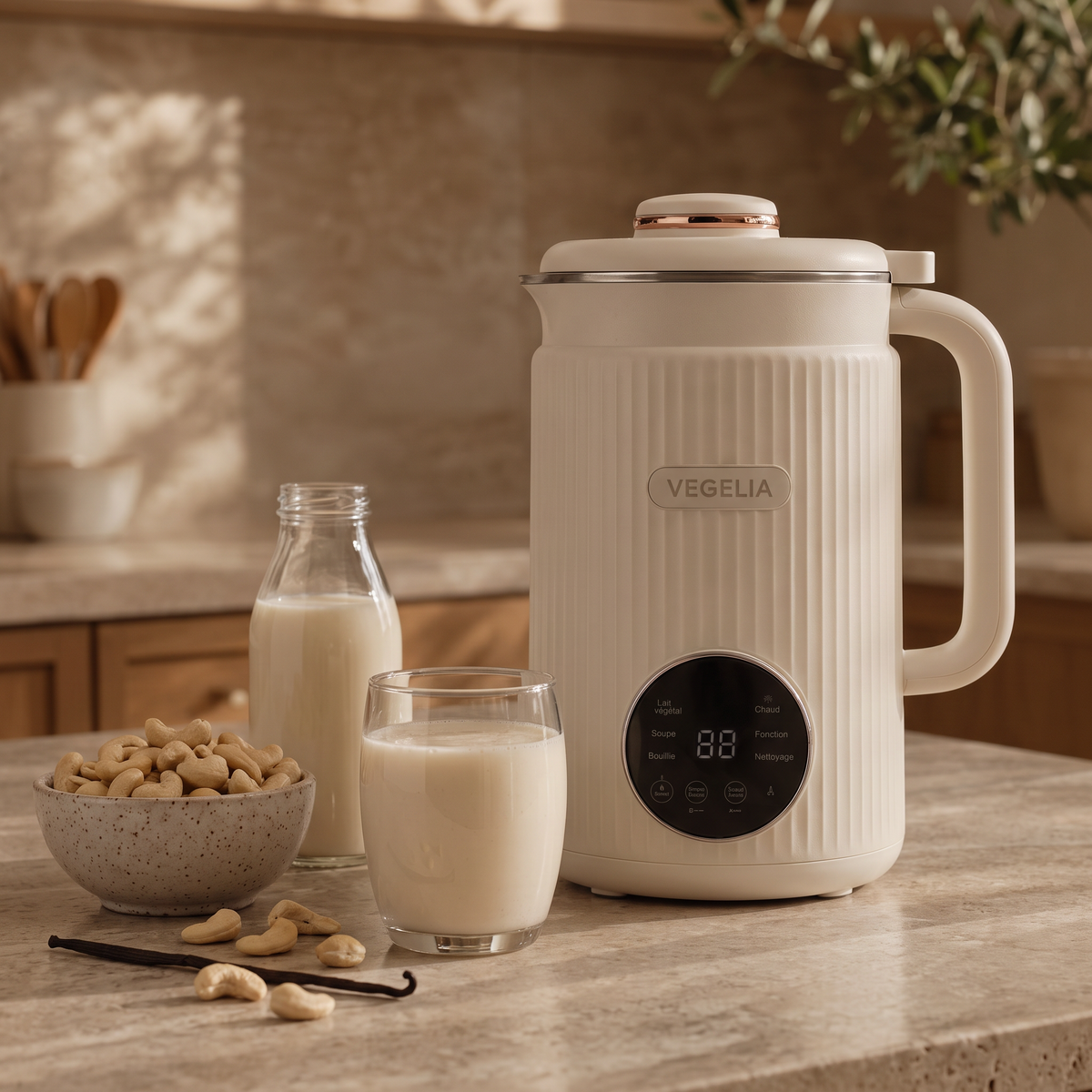 Lait de cajou maison avec un bol de noix de cajou et une gousse de vanille, à côté de la machine Végélia