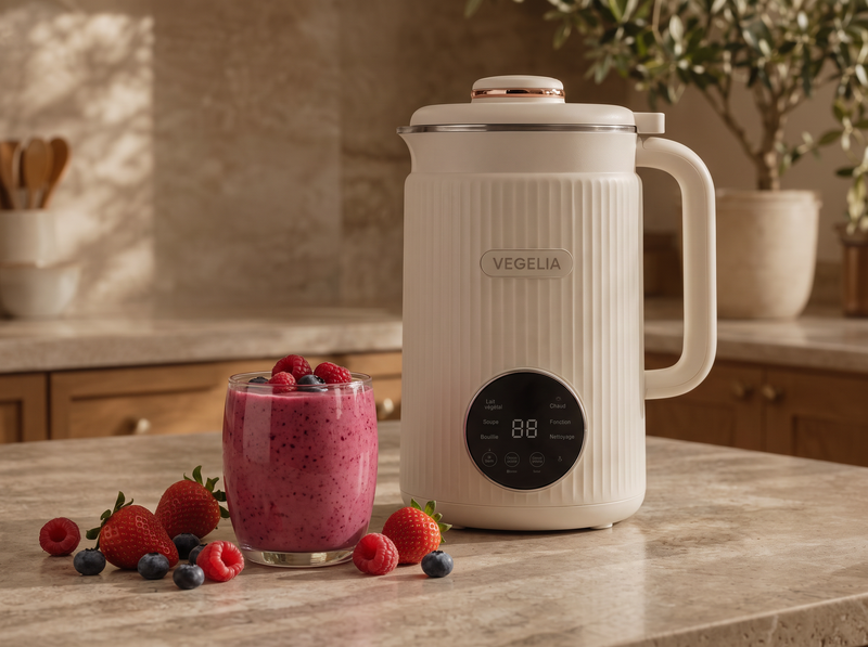Smoothie aux fruits rouges entouré de fraises, framboises et myrtilles, à côté de la machine Végélia