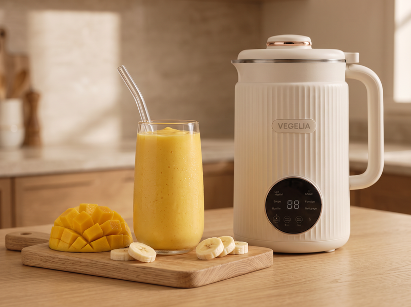 Smoothie mangue-banane avec mangue et banane fraîches, à côté de la machine Végélia