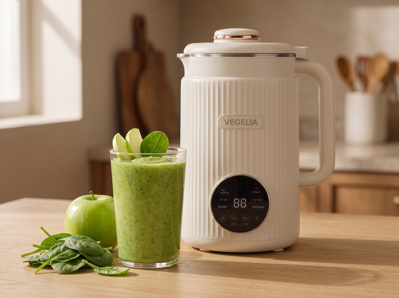 Smoothie vert pomme-épinards avec pomme verte et pousses d'épinards, à côté de la machine Végélia