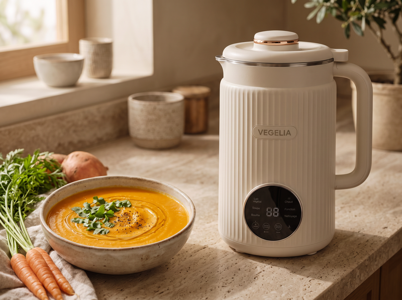 Soupe de carottes et patate douce à la coriandre, à côté de la machine Végélia