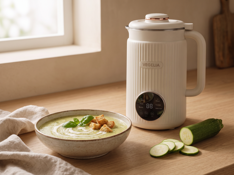 Velouté de courgettes au basilic et croûtons, à côté de la machine Végélia