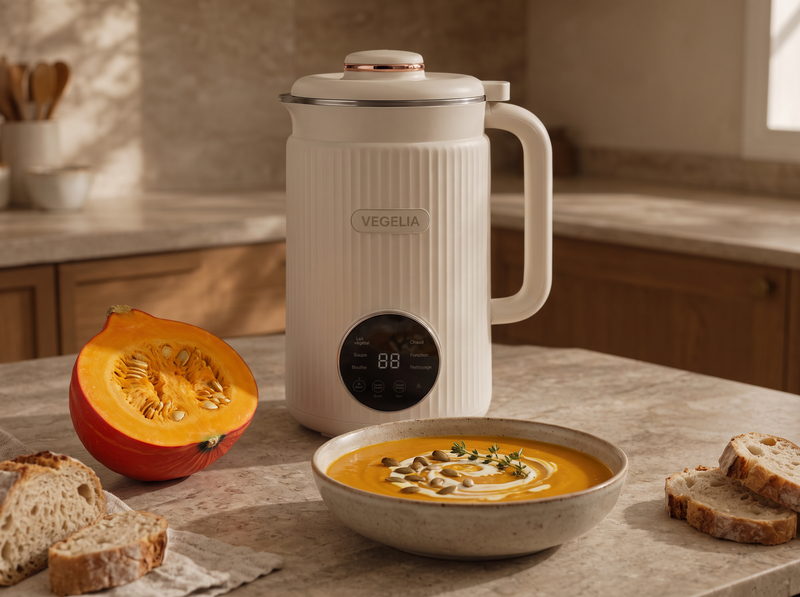 Velouté de potimarron avec graines de courge et pain, à côté de la machine Végélia