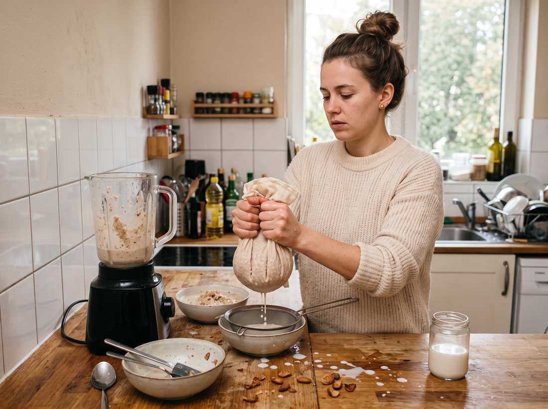 Femme filtrant du lait d'amande maison à la main avec un sac filtrant, blender et bols sur le plan de travail