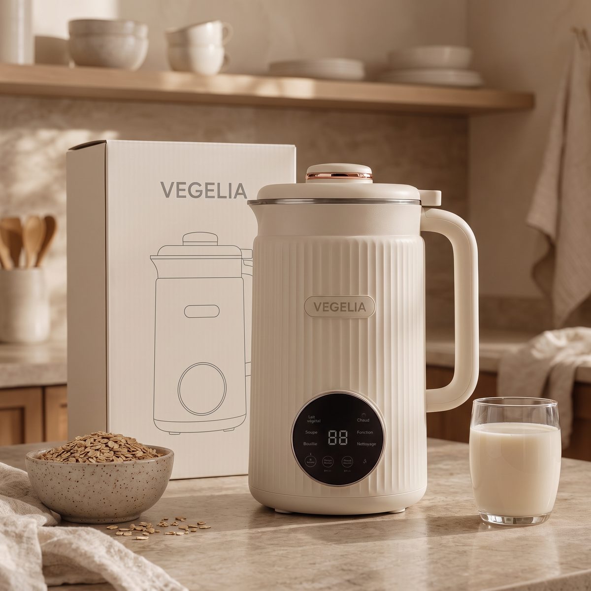 Machine Végélia devant son carton d'emballage Végélia