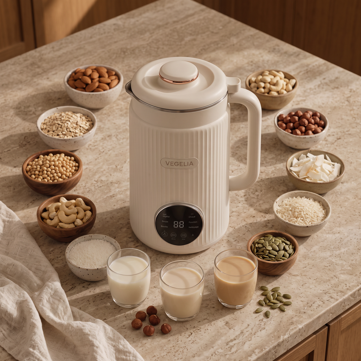 Machine Végélia entourée de bols d'ingrédients et de verres de laits végétaux maison